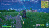 a person standing in a field with a blue light coming out of the sky