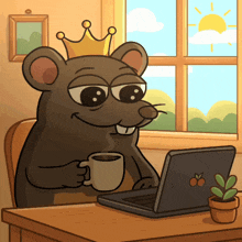a cartoon mouse wearing a crown is sitting at a desk with a laptop and a cup of coffee