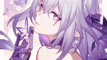 a girl with long purple hair is holding a flower in her hand