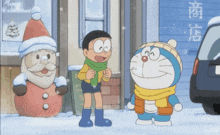 a cartoon of doraemon and nobita standing in front of a snowman