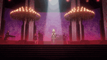 a group of people are standing on a stage in front of a chandelier