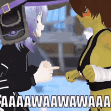 a couple of anime characters are standing next to each other and one of them is pointing at another .