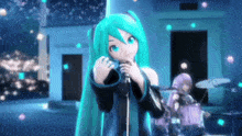 a girl with green hair is singing into a microphone in front of a drummer