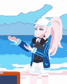 a pixel art drawing of a girl standing on the beach