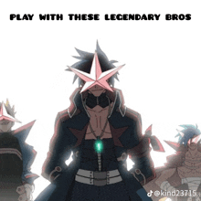 a cartoon of a man with a star on his face and the words play with these legendary bros below him