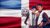 two men standing in front of a flag with the letter h on it