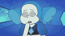 a blue and white cartoon character with a swirl around his face