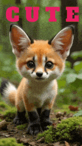 a picture of a baby fox with the word cute on the bottom right