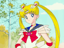 a cartoon drawing of a girl with a red bow on her chest