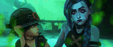 a couple of cartoon characters are standing next to each other . one of the characters is wearing a helmet .