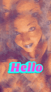 a woman 's face is surrounded by the word hello in pink and blue