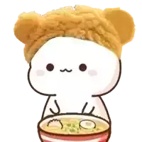 a cartoon character wearing a hat and holding a bowl of ramen