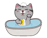 a cartoon cat is taking a bath with a sponge