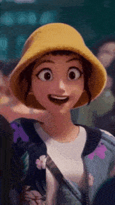 a cartoon girl wearing a yellow hat and a blue jacket