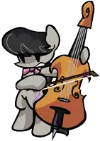 a cartoon drawing of a person holding a violin with the letter g on it