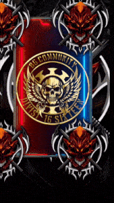a skull with wings is on a red and blue background that says community
