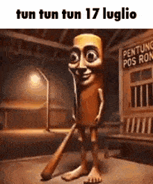a cartoon of a sausage holding a baseball bat in a room .