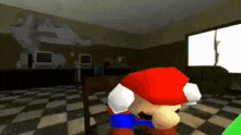 a video game character named mario is sitting on a chair in a room with a checkered floor .