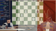 a man is playing a game of chess on a computer screen with the words tw note below him
