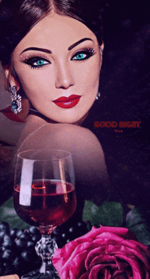 a woman with blue eyes is next to a glass of red wine and a rose