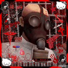 a picture of a man wearing a gas mask with a no returns sign in the background