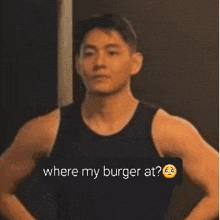 a close up of a man 's face with a sticker that says `` where my burger at ? ''