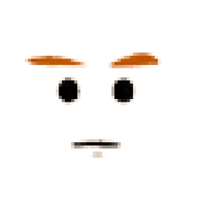 a pixelated face with red eyebrows and black circles in the eyes