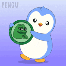 a penguin is holding a picture of pepe the frog and the word pengu is on the bottom