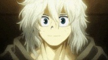 a close up of a person 's face with white hair and big blue eyes .