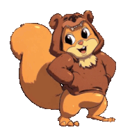 a cartoon squirrel is wearing a brown bear costume