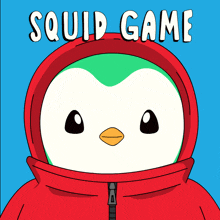 a penguin wearing a red jacket with the words squid game written on it