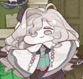 a cartoon drawing of a girl with white hair and green eyes