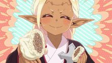 a girl with a sword and a bunch of food