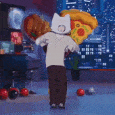 a person wearing a cat hat is holding a giant pizza slice .