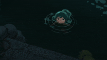a girl with green hair is swimming in a dark water