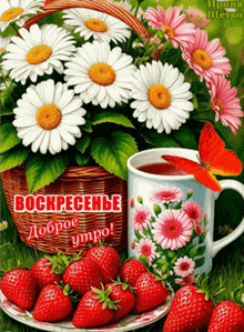 a bouquet of daisies and strawberries with a cup of tea