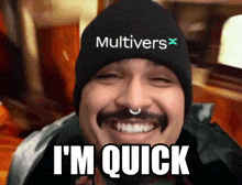 a man wearing a beanie that says multivers x on it