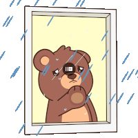 a cartoon of a teddy bear looking out of a window with a video button on his nose