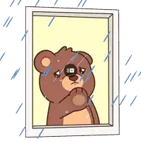 a cartoon of a teddy bear looking out of a window with a video button on his nose