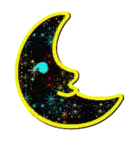 a red and yellow crescent moon with a face and stars