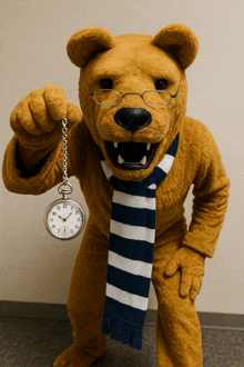 a mascot wearing glasses and a striped scarf holds a pocket watch