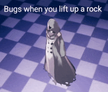 a purple and white checkered floor with the words bugs when you lift up a rock on it