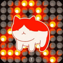 a drawing of a red and white cat with the letter t below it
