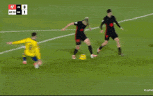 a soccer goal with a score of 1 to 0 on the screen