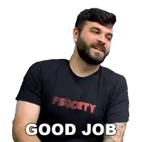a man with a beard wearing a black shirt that says fsociety on it
