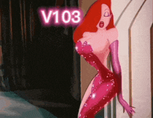 a cartoon of a woman in a red dress with a neon sign that says v103 on it