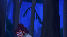 a cartoon of a girl with a pine cone on her head standing next to a tree
