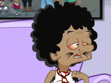a cartoon character with curly hair and a ring on his finger