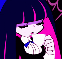 a cartoon girl with purple hair is drinking from a white cup