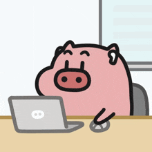 a cartoon pig sits at a desk using a laptop computer